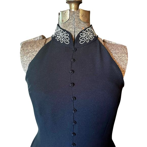 Vintage Liz Claiborne Black Halter Maxi Dress 8 Button Front Embroidered Collar - Picture 3 of 14
